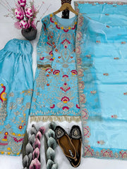 Fancy Sky Blue Color Embroidery Work Palazzo Suit