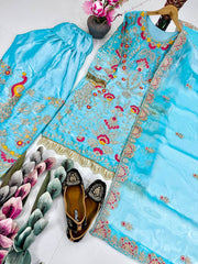 Fancy Sky Blue Color Embroidery Work Palazzo Suit