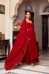 Trendy Red Color Mirror Work Georgette Anarkali Suit