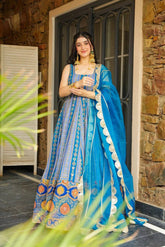 Beautiful Blue Digital Printed Organza Gown