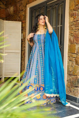 Beautiful Blue Digital Printed Organza Gown