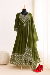 Attractive Mehndi Color Embroidery Work Gown