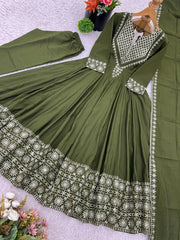 Attractive Mehndi Color Embroidery Work Gown