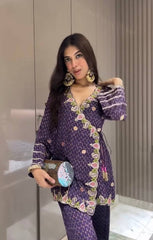 Glorious Purple Color Embroidery Work Palazzo Suit