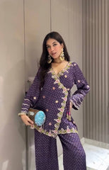 Glorious Purple Color Embroidery Work Palazzo Suit