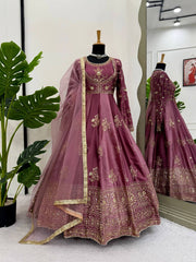Alluring Wine Color Thread Work Anarkali Gown
