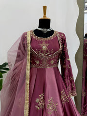 Alluring Wine Color Thread Work Anarkali Gown