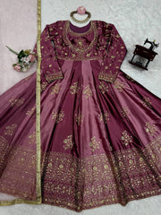 Alluring Wine Color Thread Work Anarkali Gown