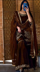 Exclusive Brown Color Embroidery Work Sharara Suit
