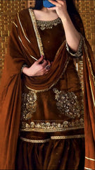 Exclusive Brown Color Embroidery Work Sharara Suit