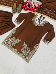 Exclusive Brown Color Embroidery Work Sharara Suit