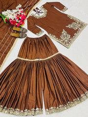 Exclusive Brown Color Embroidery Work Sharara Suit