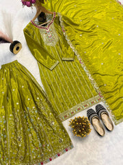 Exclusive Embroidery With Sequence Work Mehndi Palazzo Suit
