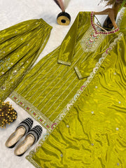 Exclusive Embroidery With Sequence Work Mehndi Palazzo Suit