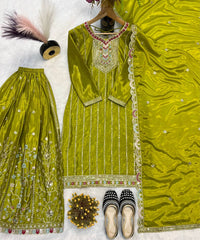 Exclusive Embroidery With Sequence Work Mehndi Palazzo Suit