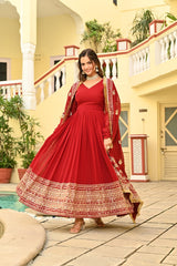 Trendy Red Color Embroidery With Sequence Work Designer Gown