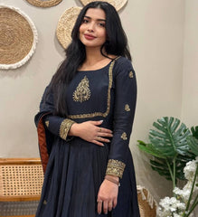 Trendy Black Color Embroidery Work Georgette Gown