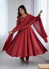 Designer Maroon Color With Beads Work Silk Anarkali Suit