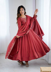Designer Maroon Color With Beads Work Silk Anarkali Suit