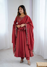 Designer Maroon Color With Beads Work Silk Anarkali Suit
