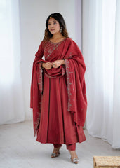Designer Maroon Color With Beads Work Silk Anarkali Suit