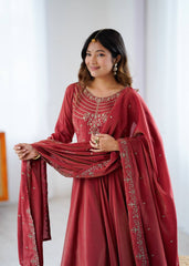 Designer Maroon Color With Beads Work Silk Anarkali Suit