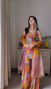 Trendy Mustard Color Digital Printed Silk Sharara Suit