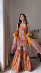 Trendy Mustard Color Digital Printed Silk Sharara Suit