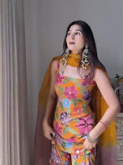 Trendy Mustard Color Digital Printed Silk Sharara Suit