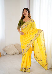 Trendy Yellow Color Sequence Work Silk Saree