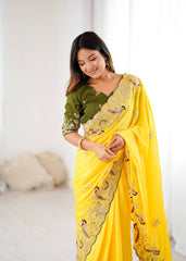 Trendy Yellow Color Sequence Work Silk Saree