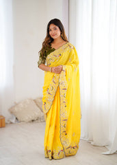 Trendy Yellow Color Sequence Work Silk Saree