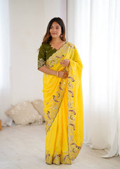 Trendy Yellow Color Sequence Work Silk Saree