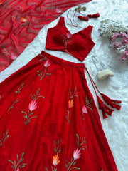 Attractive Red Color Hand Paint Georgette Lehenga Choli