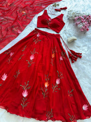 Attractive Red Color Hand Paint Georgette Lehenga Choli