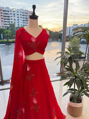 Attractive Red Color Hand Paint Georgette Lehenga Choli