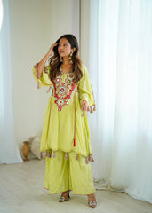Lovely Pista Color Embroidery With Sequence Work Co-ord Set