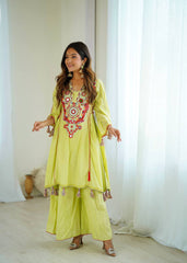 Lovely Pista Color Embroidery With Sequence Work Co-ord Set