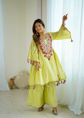 Lovely Pista Color Embroidery With Sequence Work Co-ord Set