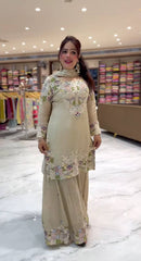 Fancy Beige Color Embroidery Work Sharara Suit