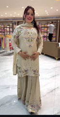 Fancy Beige Color Embroidery Work Sharara Suit
