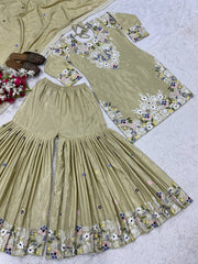 Fancy Beige Color Embroidery Work Sharara Suit