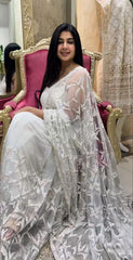 Captivating White Color Sequins Work Net Saree