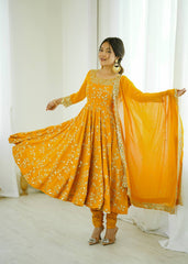 Trendy Yellow Color Sequence Work Georgette Gown