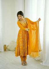 Trendy Yellow Color Sequence Work Georgette Gown