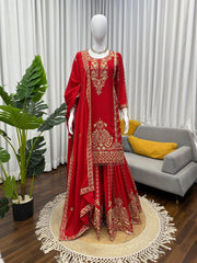 Designer Red Chinon Silk Thread Work Sharara Suit