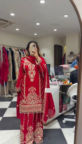 Designer Red Chinon Silk Thread Work Sharara Suit