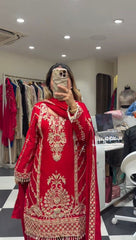 Designer Red Chinon Silk Thread Work Sharara Suit