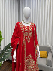Designer Red Chinon Silk Thread Work Sharara Suit