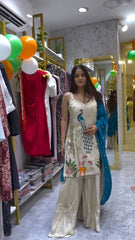 Lovely White French Crepe Embroidery Sharara Suit